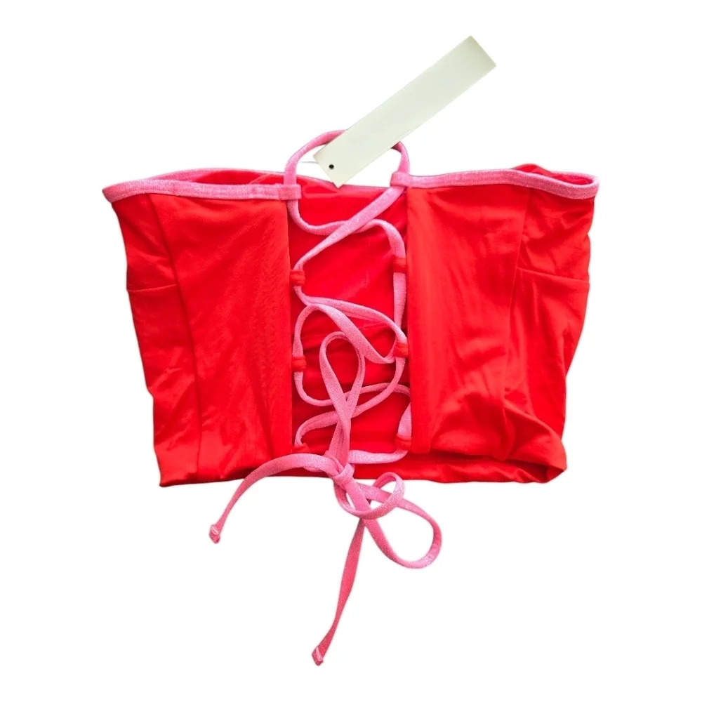 Aqua Red Lace Up Cropped Tankini Top, SIZE Large